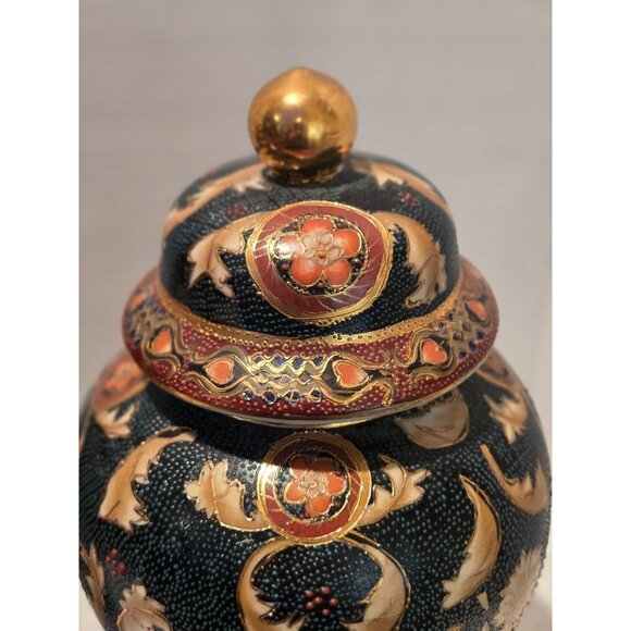 ASIAN VINTAGE PORCELAIN TEMPLE JAR HAND PAINTED MULTI-COLOR GOLD TRIM 12"  Set o - Picture 4 of 11